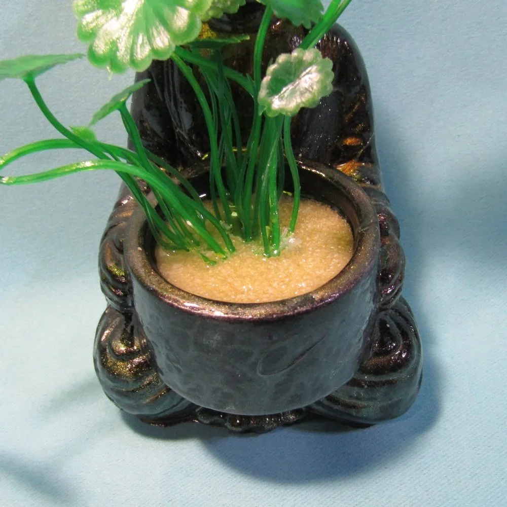 Aquarium Decoration - Green and Gold Buddha with Artificial Plant